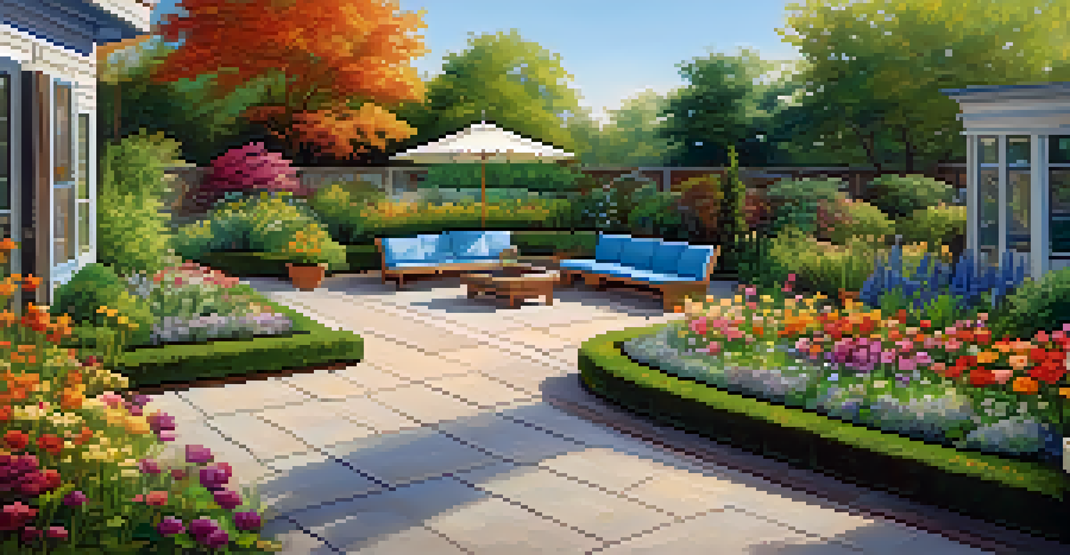 A beautiful accessible garden with smooth pathways, raised flower beds, and a seating area, surrounded by colorful flowers and greenery.