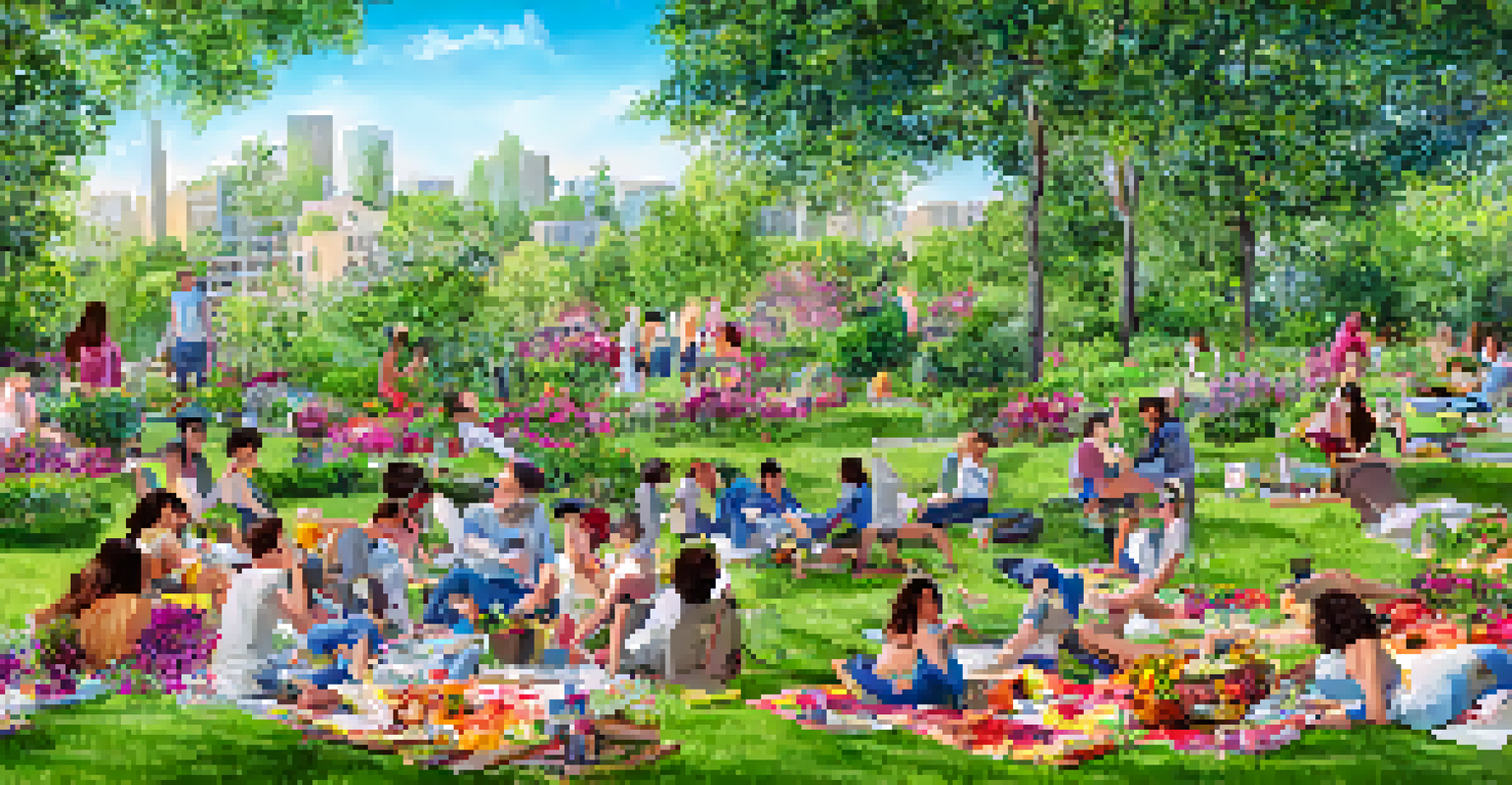 A co-living community garden with residents having a picnic, surrounded by colorful flowers and modern buildings.