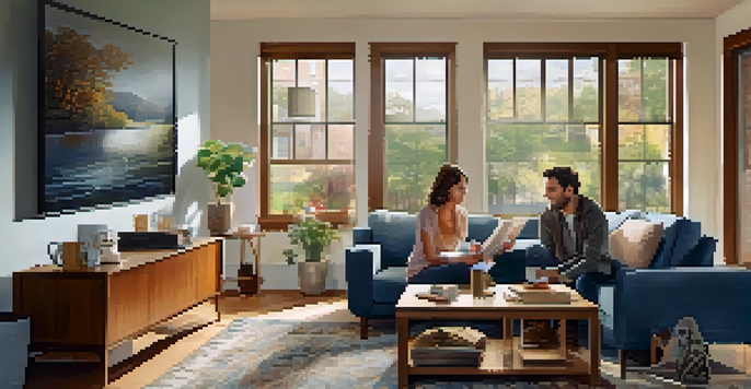 A couple sitting in a cozy living room discussing mortgage options, with brochures and a laptop on the coffee table.