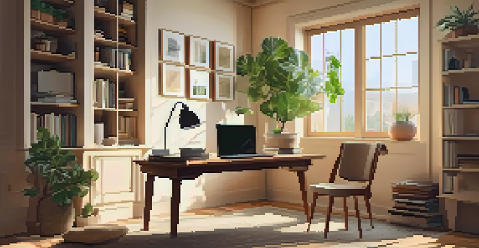 A warm and inviting home office with a wooden desk, laptop, potted plant, and books illuminated by sunlight from a window.