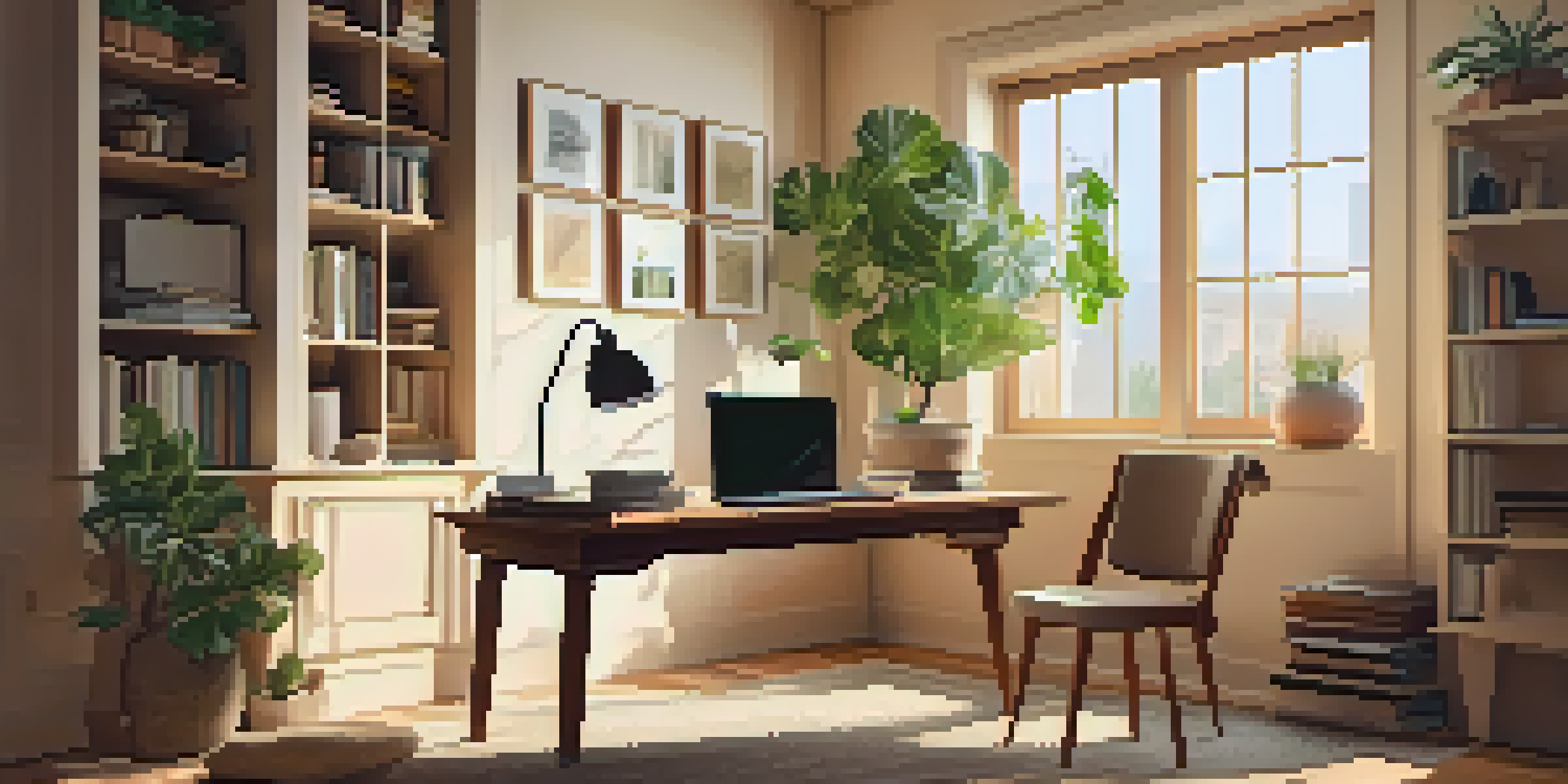 A warm and inviting home office with a wooden desk, laptop, potted plant, and books illuminated by sunlight from a window.