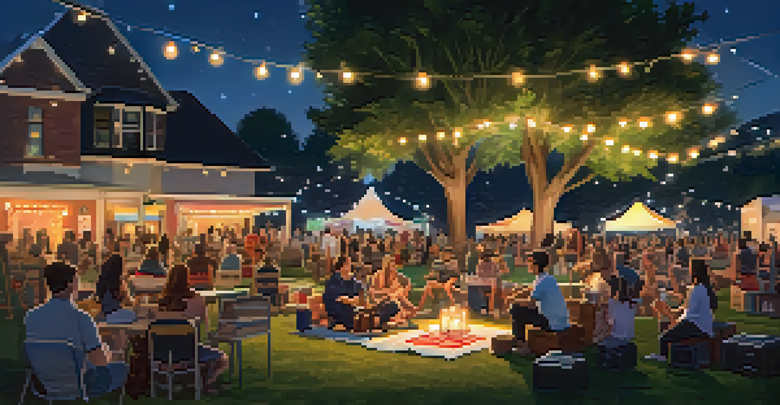 An outdoor concert in a park with string lights, people enjoying music on picnic blankets, and food trucks in the background.