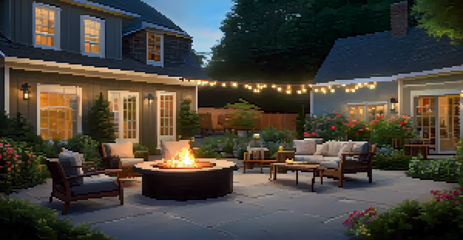 A cozy backyard with a fire pit and outdoor seating area, surrounded by lush greenery and colorful flowers, illuminated by string lights at twilight.
