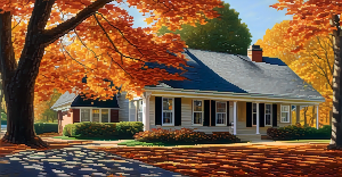 A beautiful fall scene with a well-maintained roof surrounded by colorful autumn leaves under a clear blue sky.