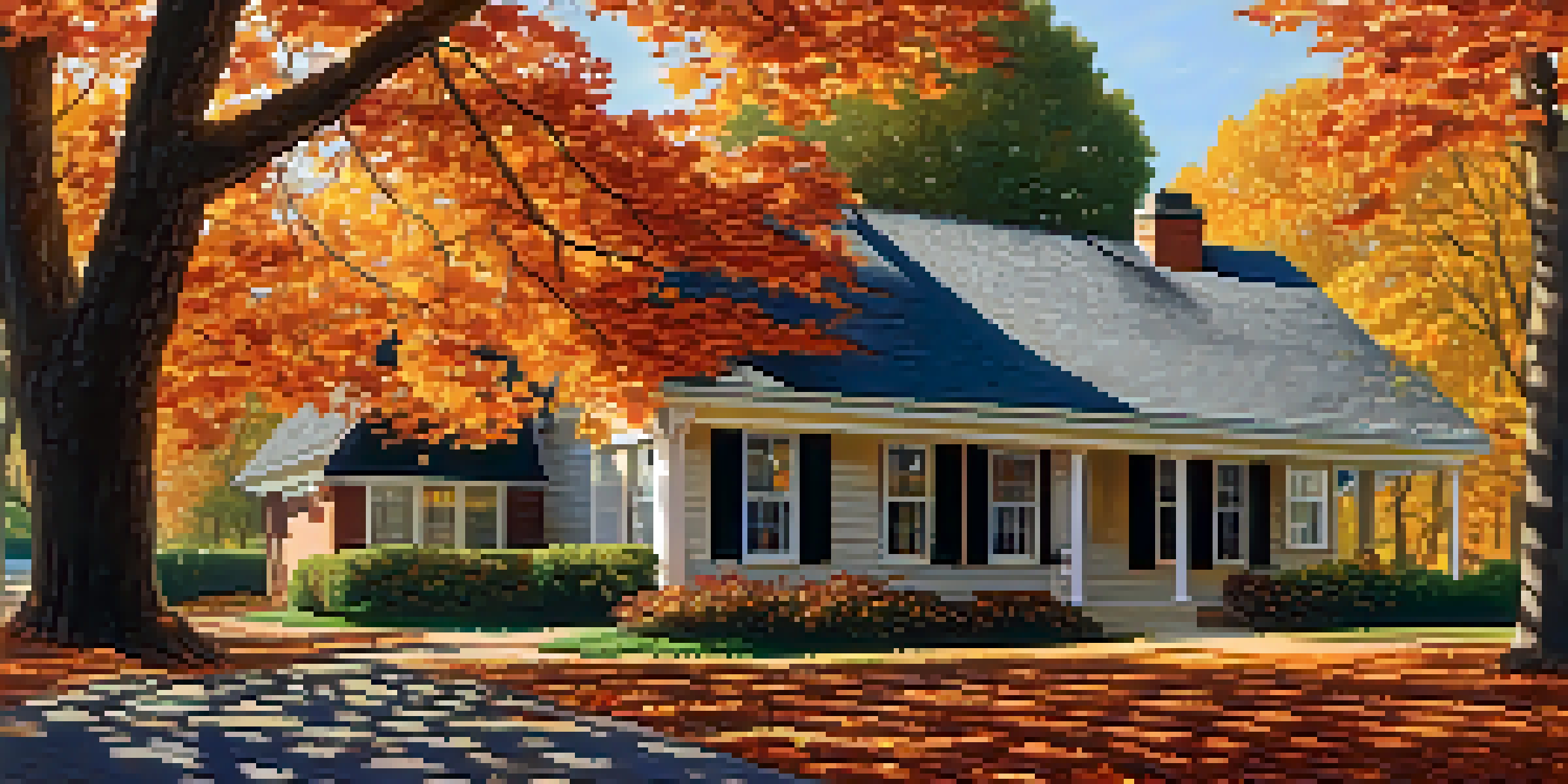A beautiful fall scene with a well-maintained roof surrounded by colorful autumn leaves under a clear blue sky.