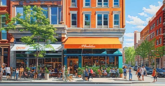 A lively urban mixed-use property with a café and residential apartments, filled with pedestrians and surrounded by greenery.