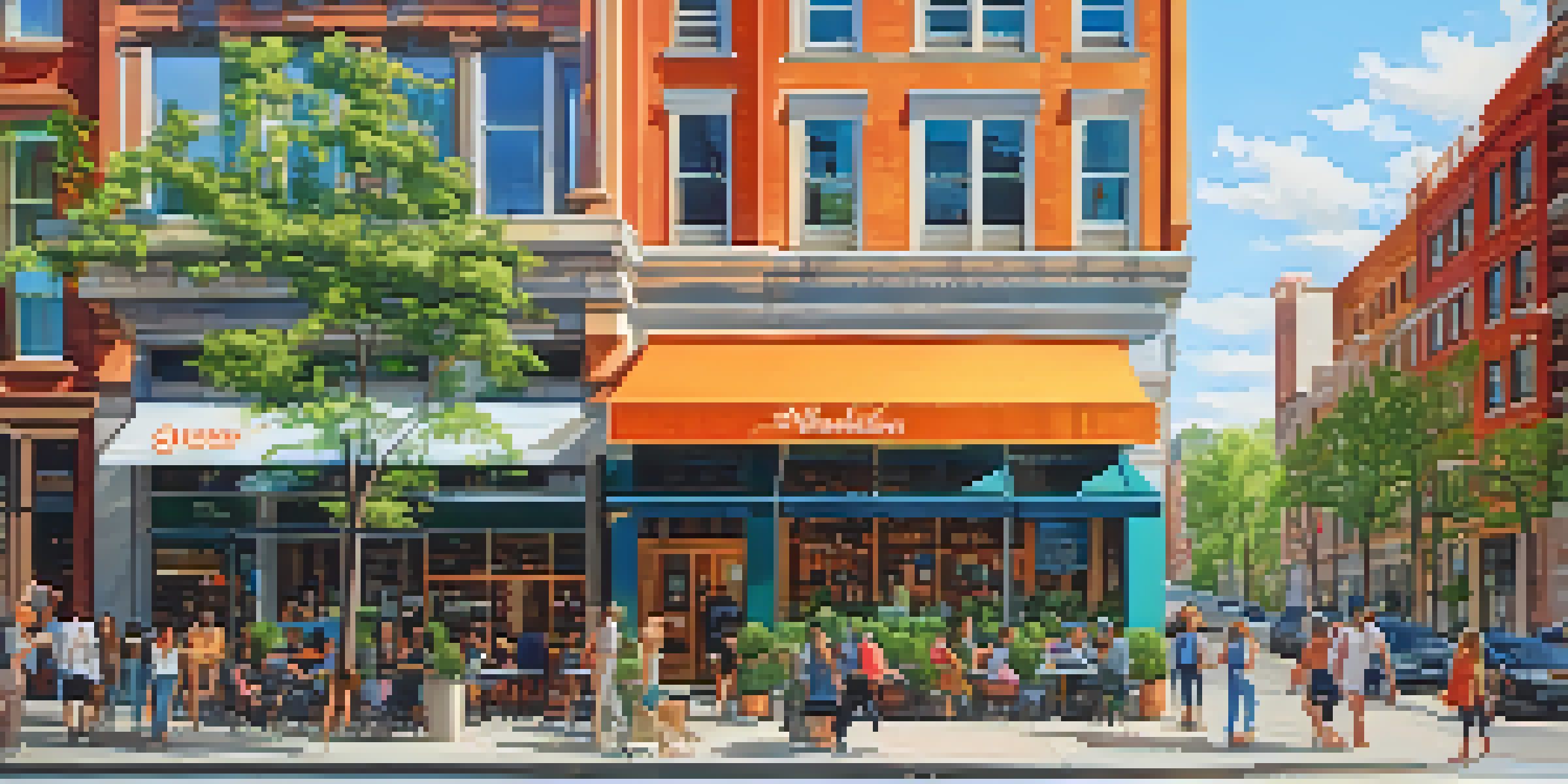 A lively urban mixed-use property with a café and residential apartments, filled with pedestrians and surrounded by greenery.