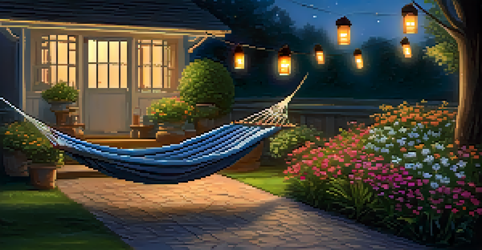 An evening garden with illuminated lanterns along a flower-lined path and a cozy hammock set between trees.