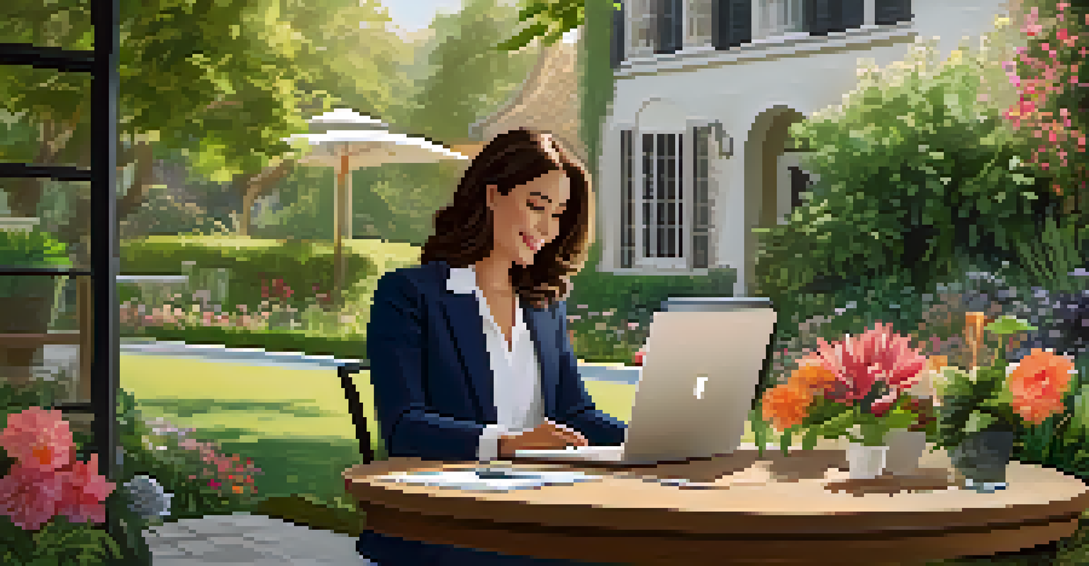 A real estate agent hosting a webinar outdoors in a garden, seated at a table with a laptop and notes.