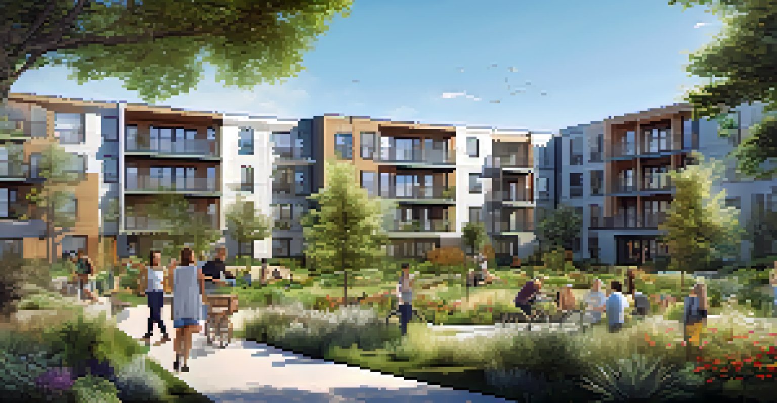 An artist rendering of a modern apartment complex with green spaces and community gardens, showcasing an inviting atmosphere with people enjoying the outdoors.