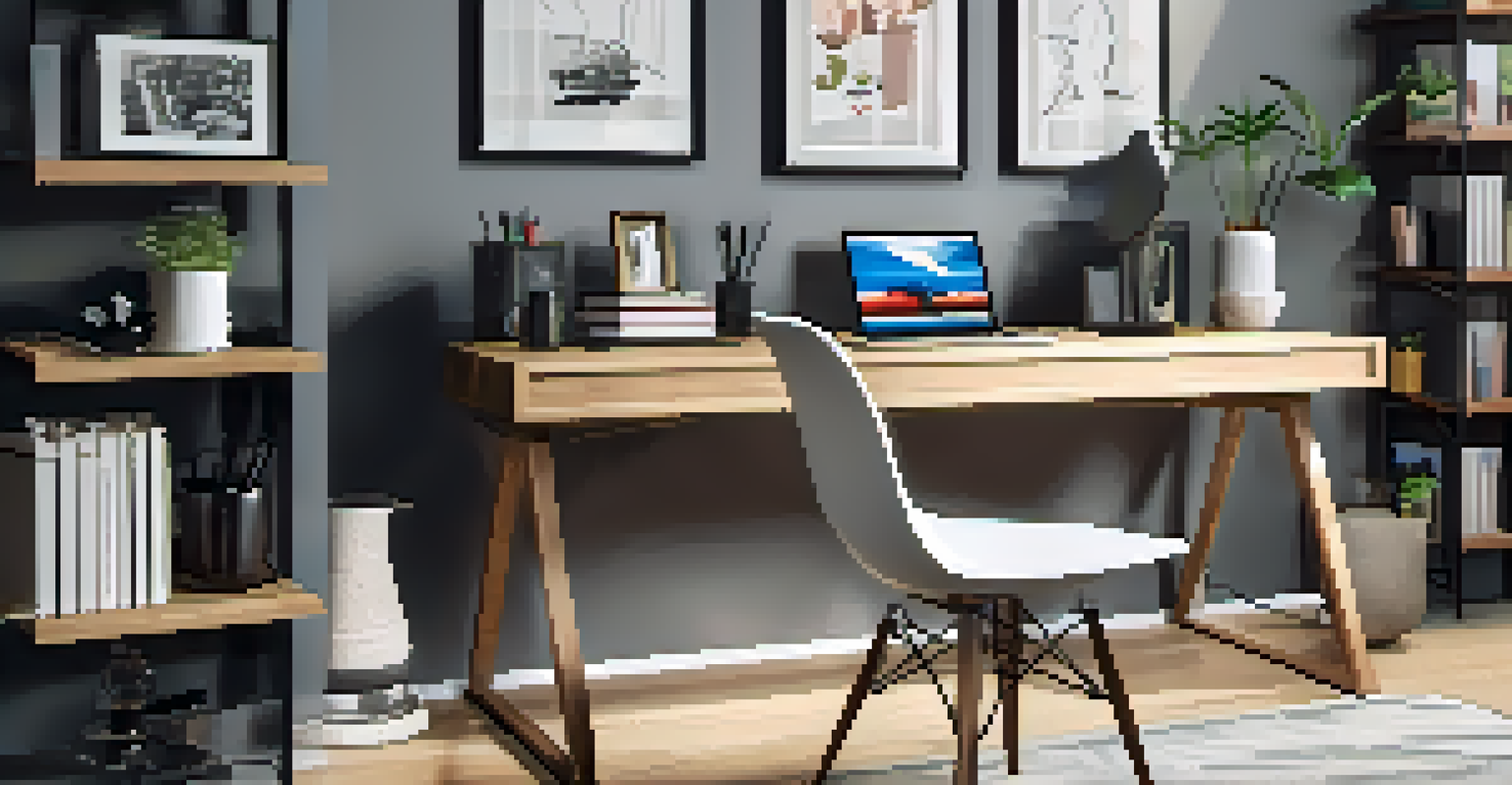 A small home office with a minimalist desk, wall-mounted shelves filled with supplies, and soft lighting creating an inviting atmosphere.