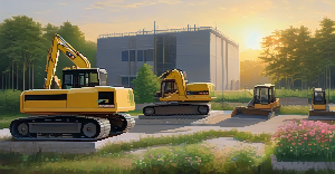 A construction site at sunrise with a half-finished building, surrounded by trees and flowers, illuminated by soft golden light.