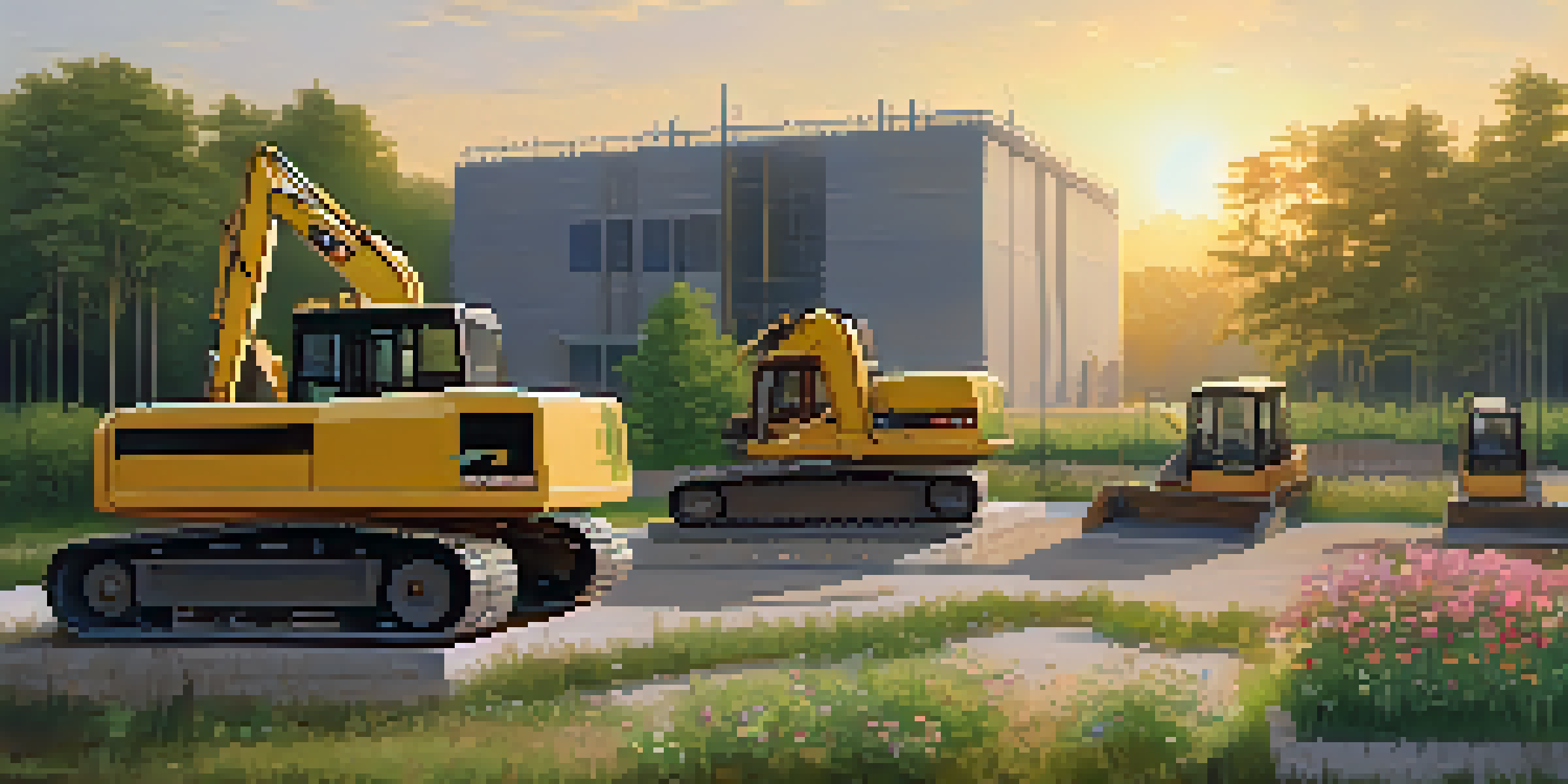 A construction site at sunrise with a half-finished building, surrounded by trees and flowers, illuminated by soft golden light.