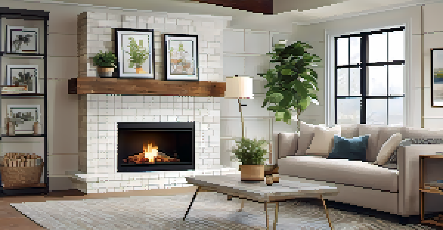 A fireplace with sleek subway tiles and a reclaimed wood mantel, decorated with plants and artwork, illuminated by soft lighting.