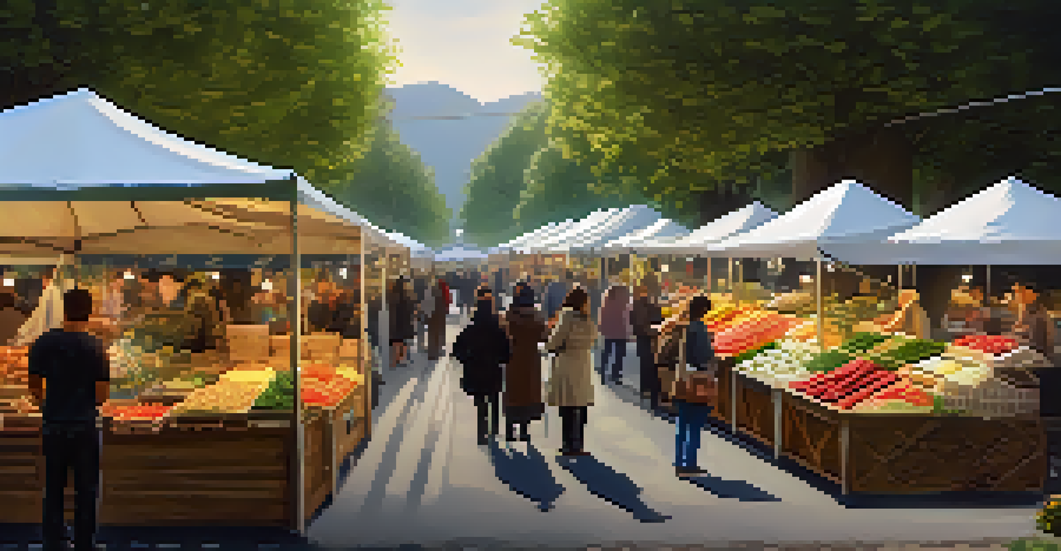 A charming outdoor market filled with stalls offering crafts and produce, decorated with fairy lights and lively visitors.