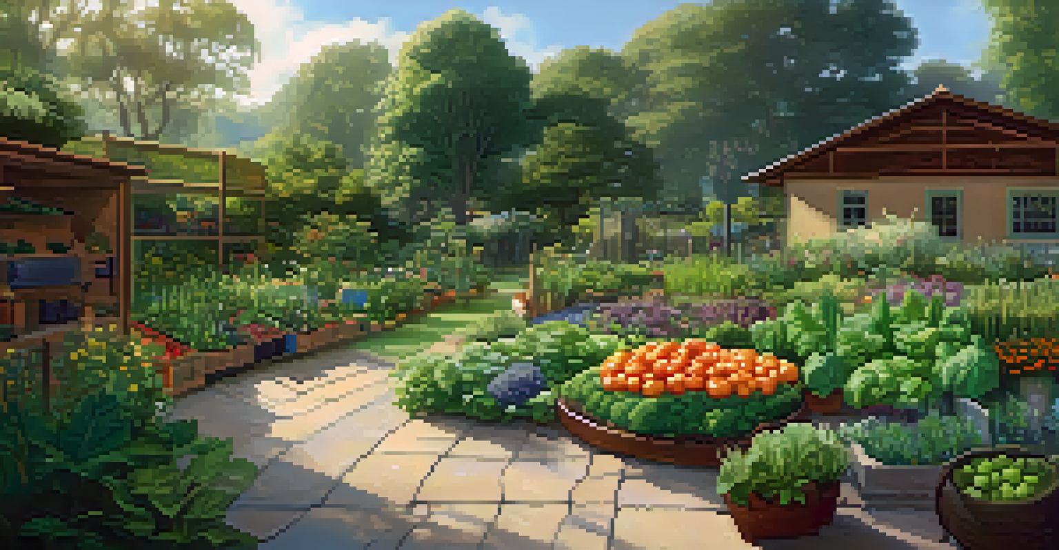 A permaculture garden with diverse plants, a rainwater barrel, and soft sunlight filtering through leaves.