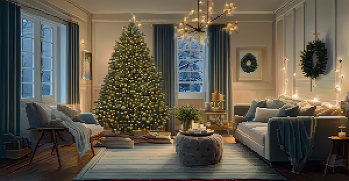A cozy living room decorated for winter with a Christmas tree, fairy lights, and soft furnishings.