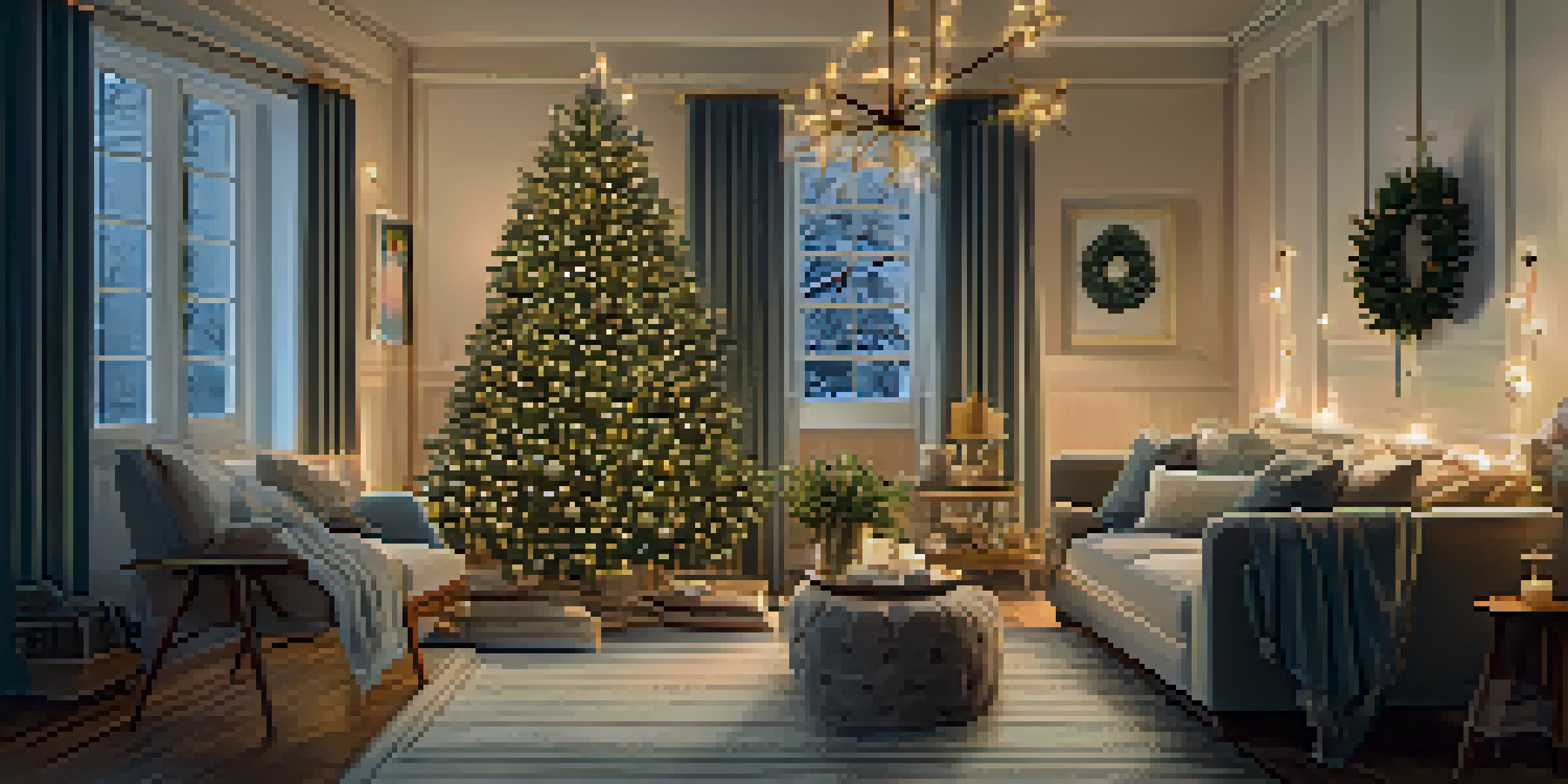 A cozy living room decorated for winter with a Christmas tree, fairy lights, and soft furnishings.