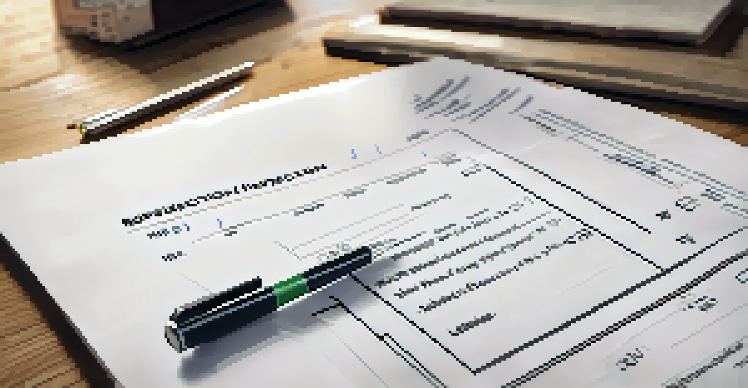 A property inspection report on a wooden table next to a pen and tape measure, with a blurred house in the background.