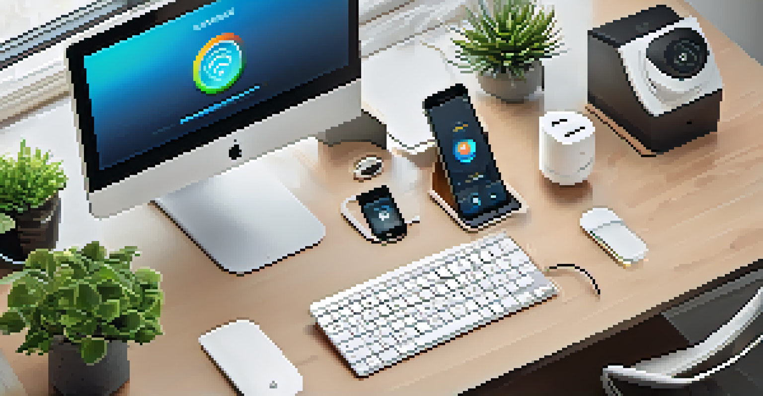 An overhead view of a well-organized home office with smart devices and a computer showing smart home management software.
