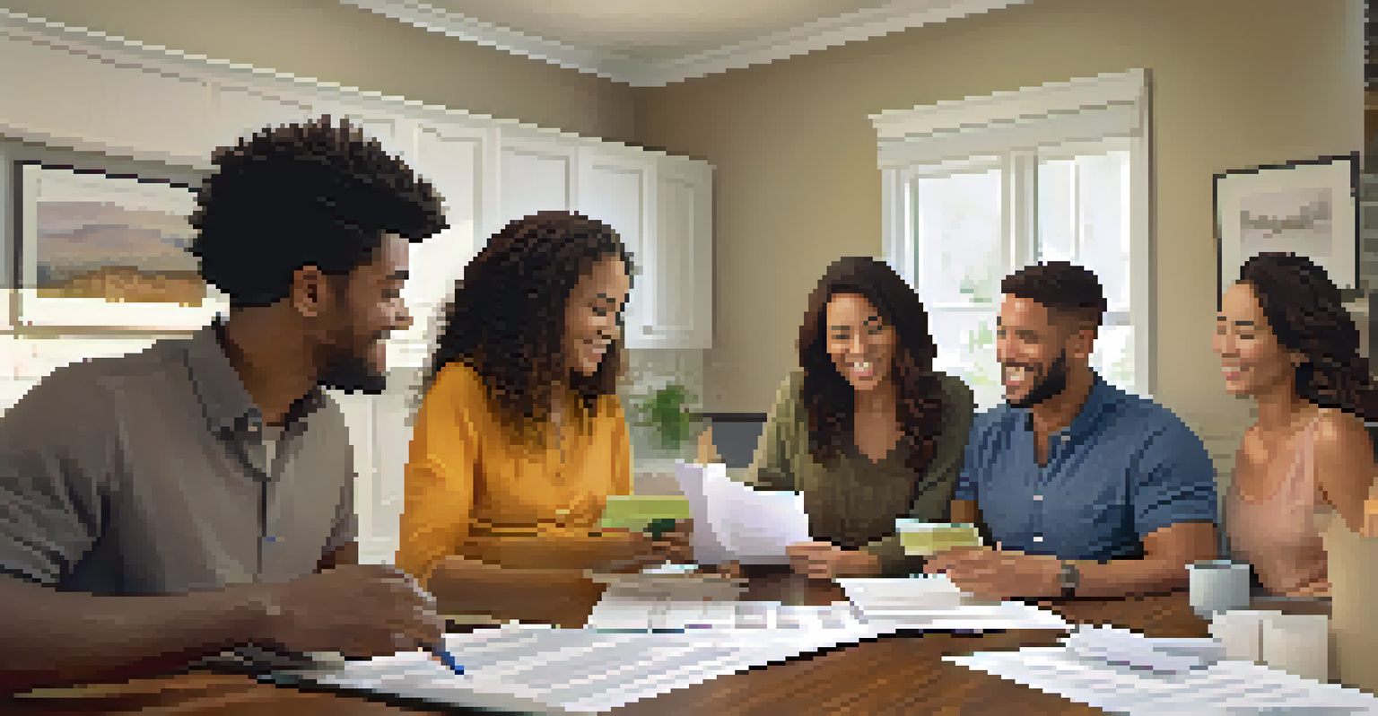 A group of first-time homebuyers discussing paperwork and closing costs around a dining table.