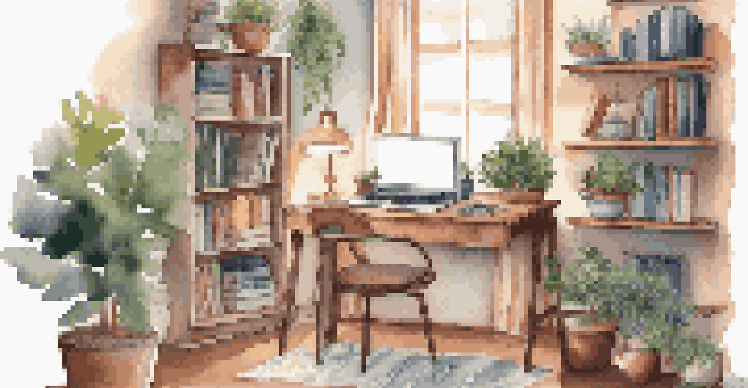 A cozy corner workspace in a living room with a stylish desk, laptop, bookshelves, and warm lighting.