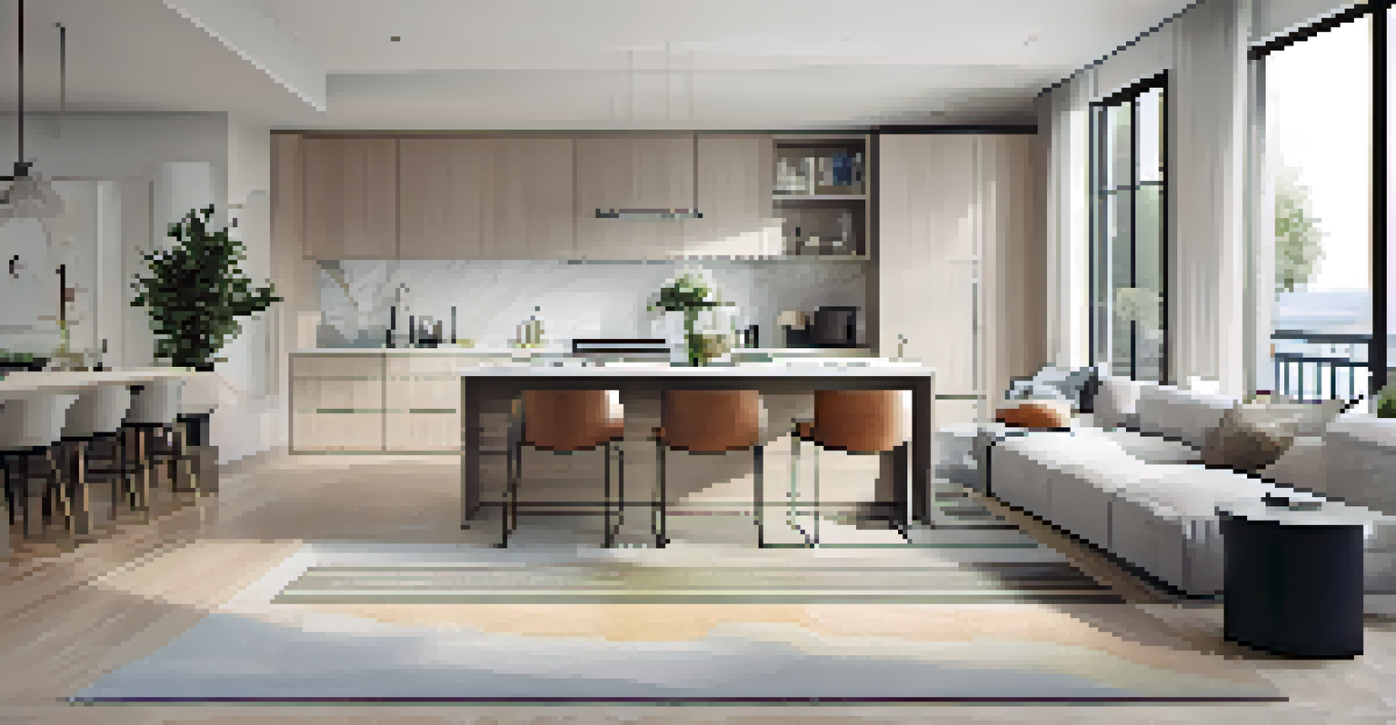 A modern open concept apartment with defined living, dining, and kitchen zones, featuring bright colors and natural light from a large window.