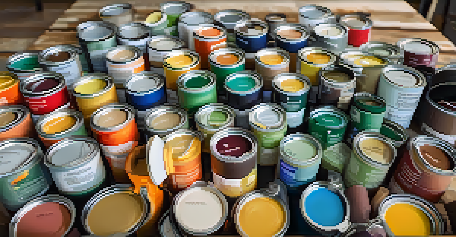 A collection of eco-friendly paint cans on a wooden table, showcasing labels with natural ingredients, surrounded by painting tools in a cozy workshop.