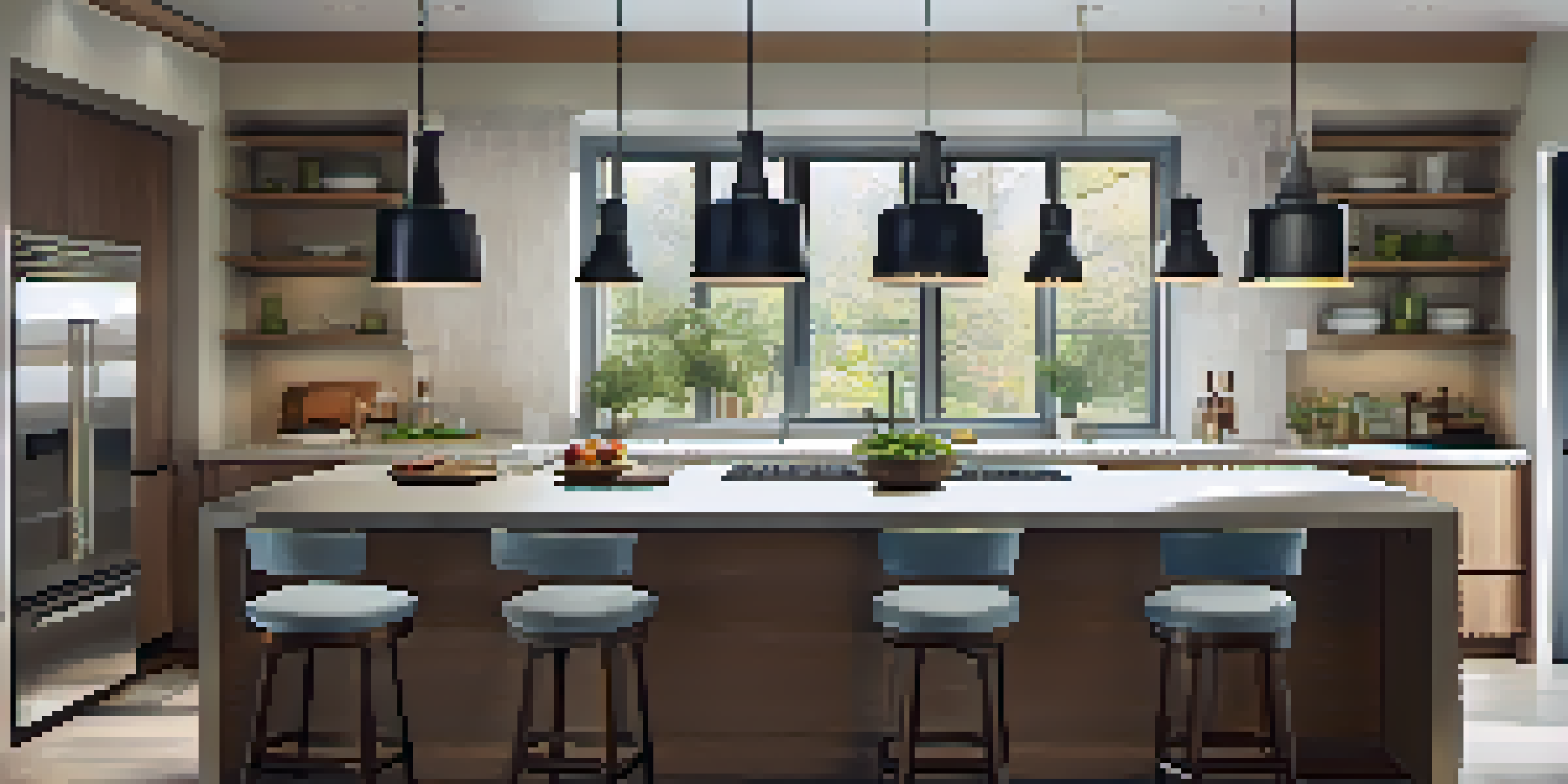 A modern kitchen with bright pendant lights over the island and natural light coming through a large window, creating a cheerful ambiance.