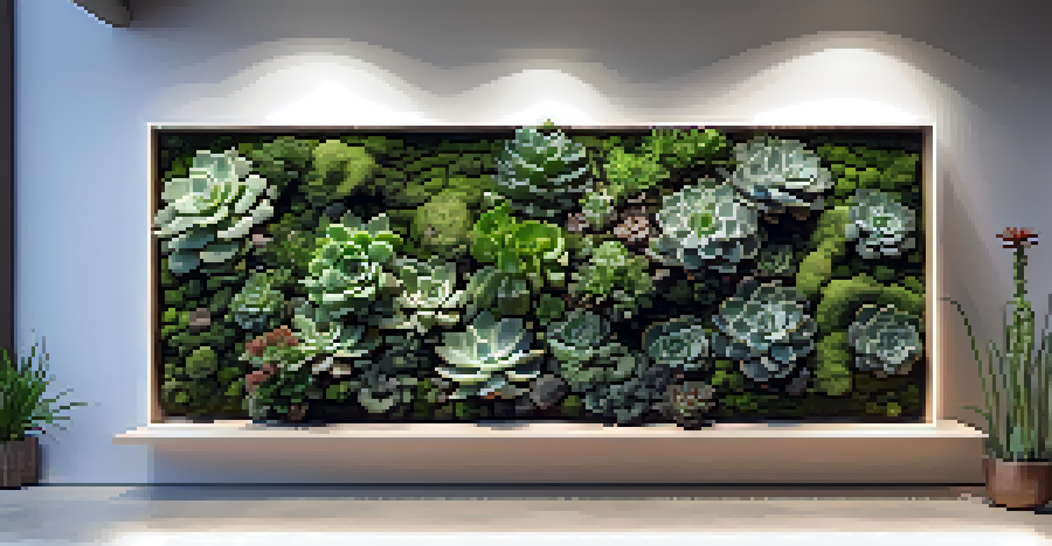 Close-up of a green wall with assorted succulent plants, showcasing their textures and colors.