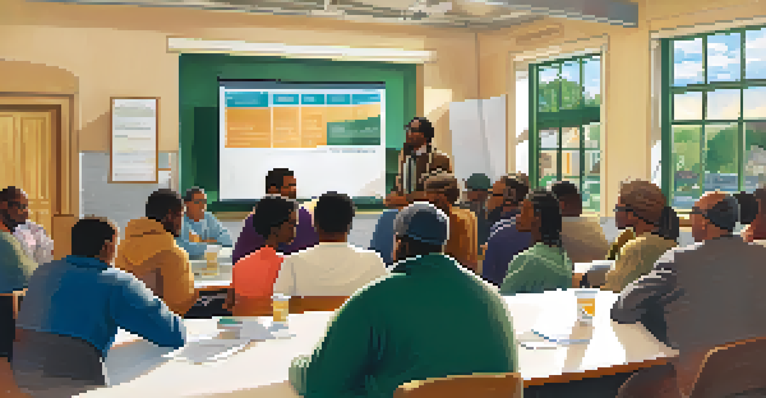 A community meeting in a center discussing affordable housing with diverse participants and informative posters.