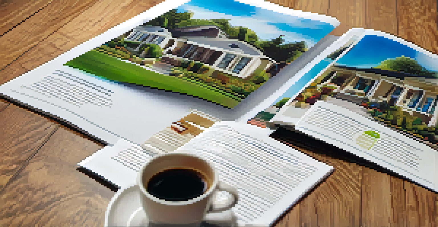 A close-up of a real estate brochure on a wooden table, displaying vibrant images of homes, with a coffee cup and notepad nearby.