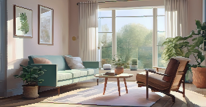 A bright and tidy living room with minimalistic furniture and a potted plant, illuminated by natural sunlight.