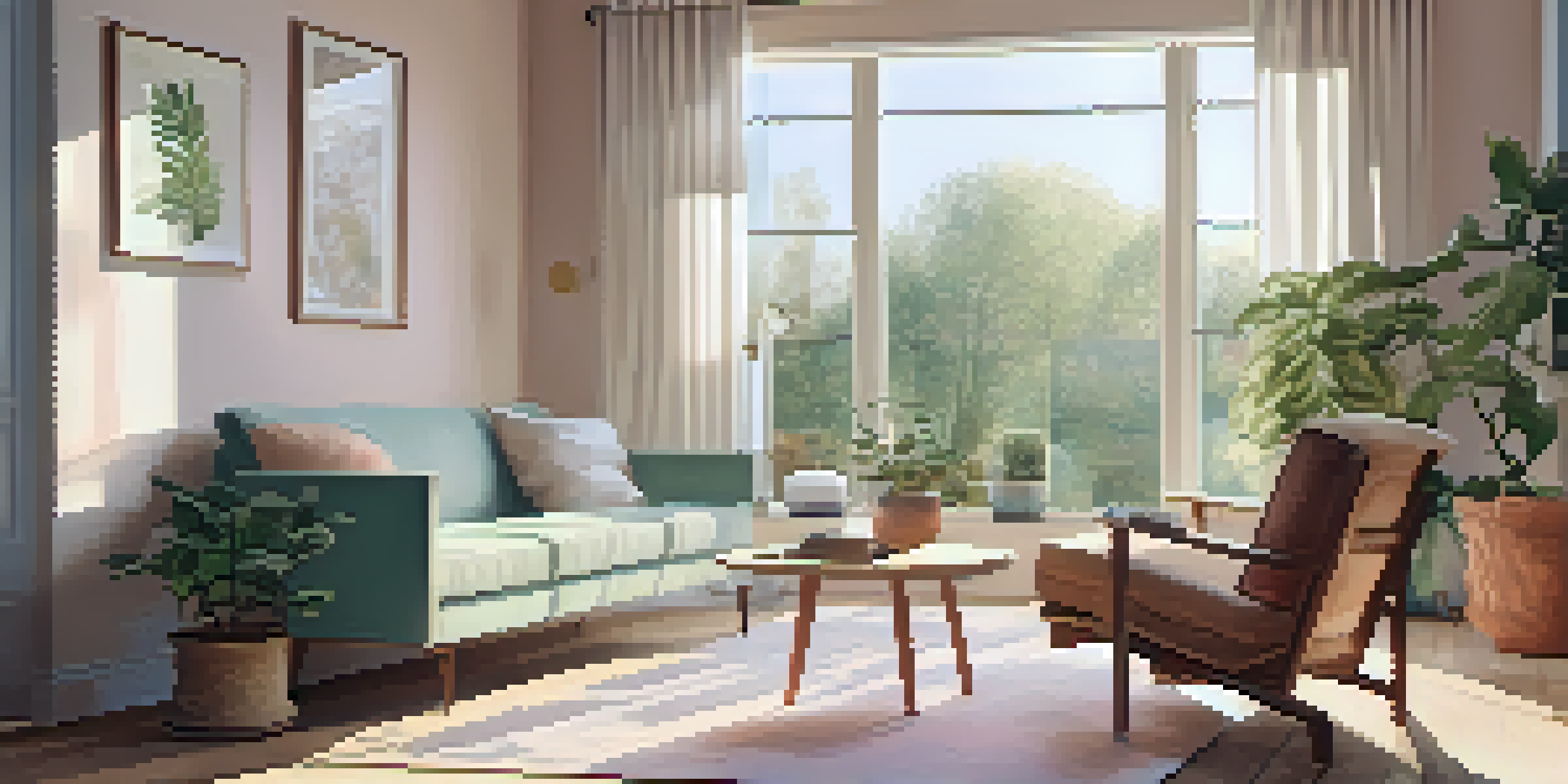A bright and tidy living room with minimalistic furniture and a potted plant, illuminated by natural sunlight.
