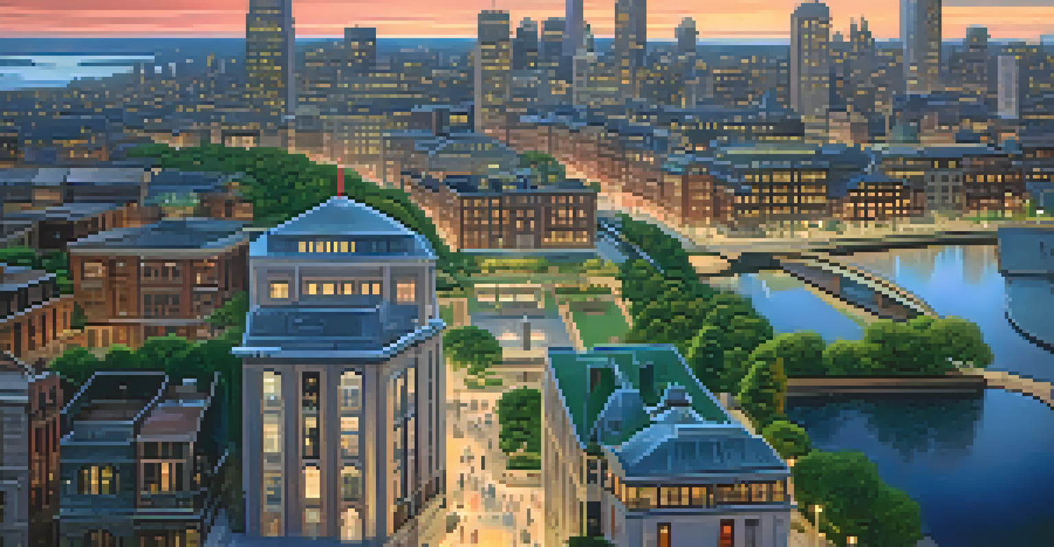 An aerial view of a city skyline at dusk, highlighting urban real estate and livability.