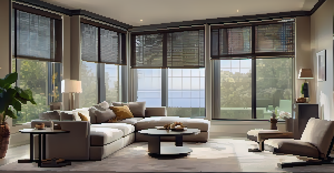 A modern living room with partially open automated blinds letting in soft morning light, featuring a cozy sofa and stylish decor.