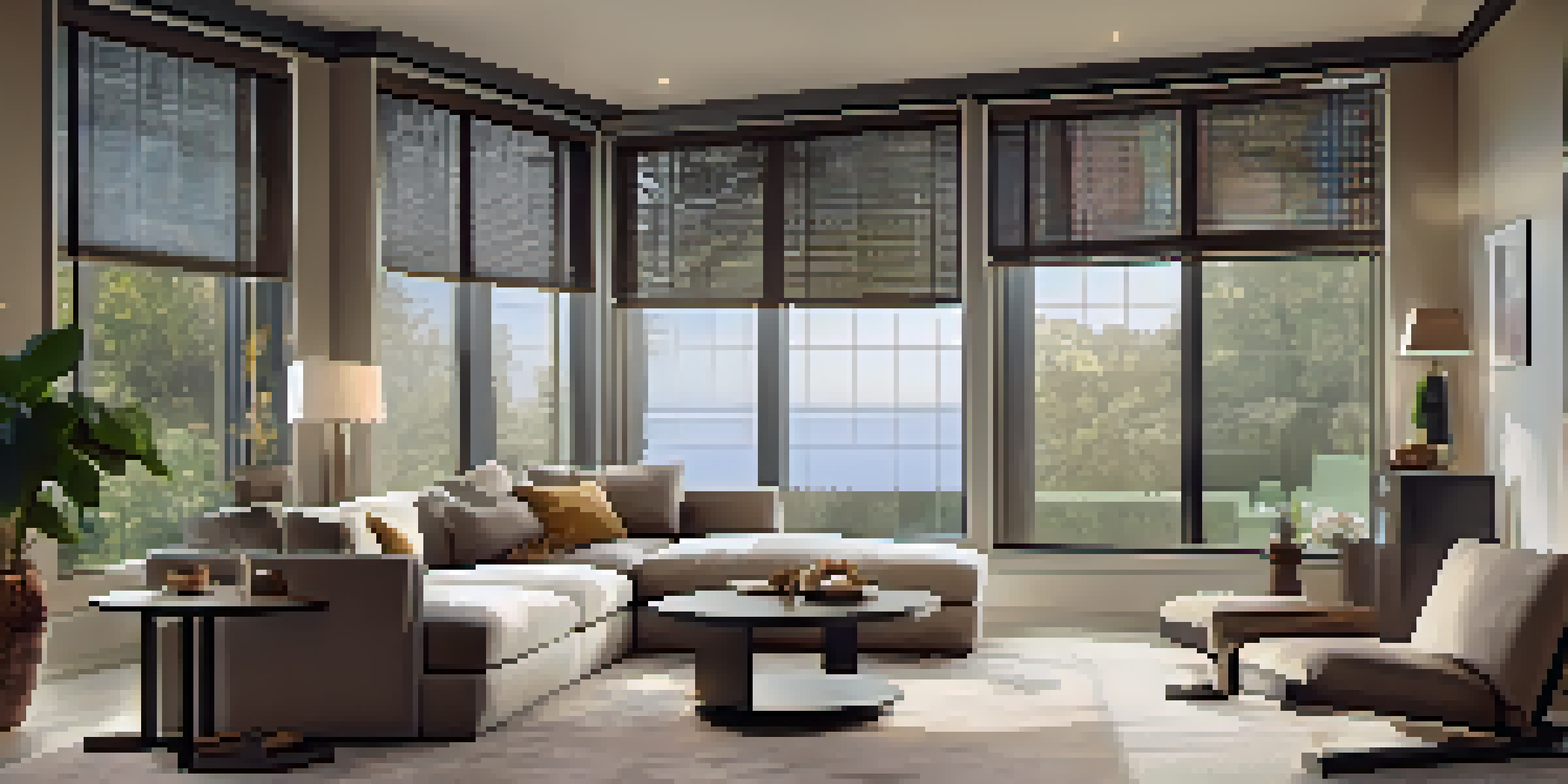 A modern living room with partially open automated blinds letting in soft morning light, featuring a cozy sofa and stylish decor.