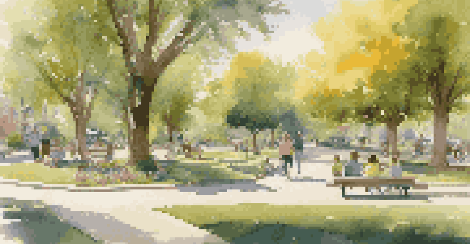A community park filled with families and children playing, surrounded by flowers and trees, basking in afternoon sunlight.