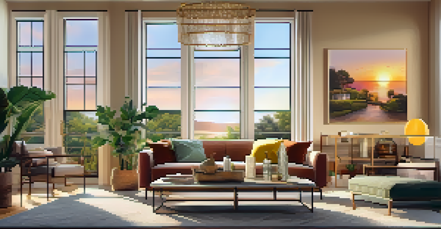 A beautifully staged living room with large windows displaying a sunset, featuring elegant furniture and decor.