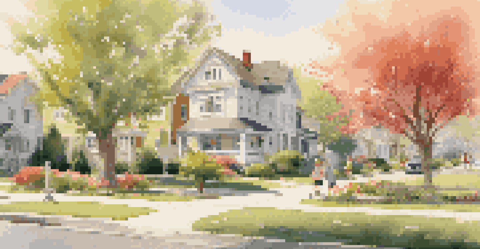 A tranquil suburban neighborhood with blooming trees, children playing, and a couple walking their dog in warm sunlight.