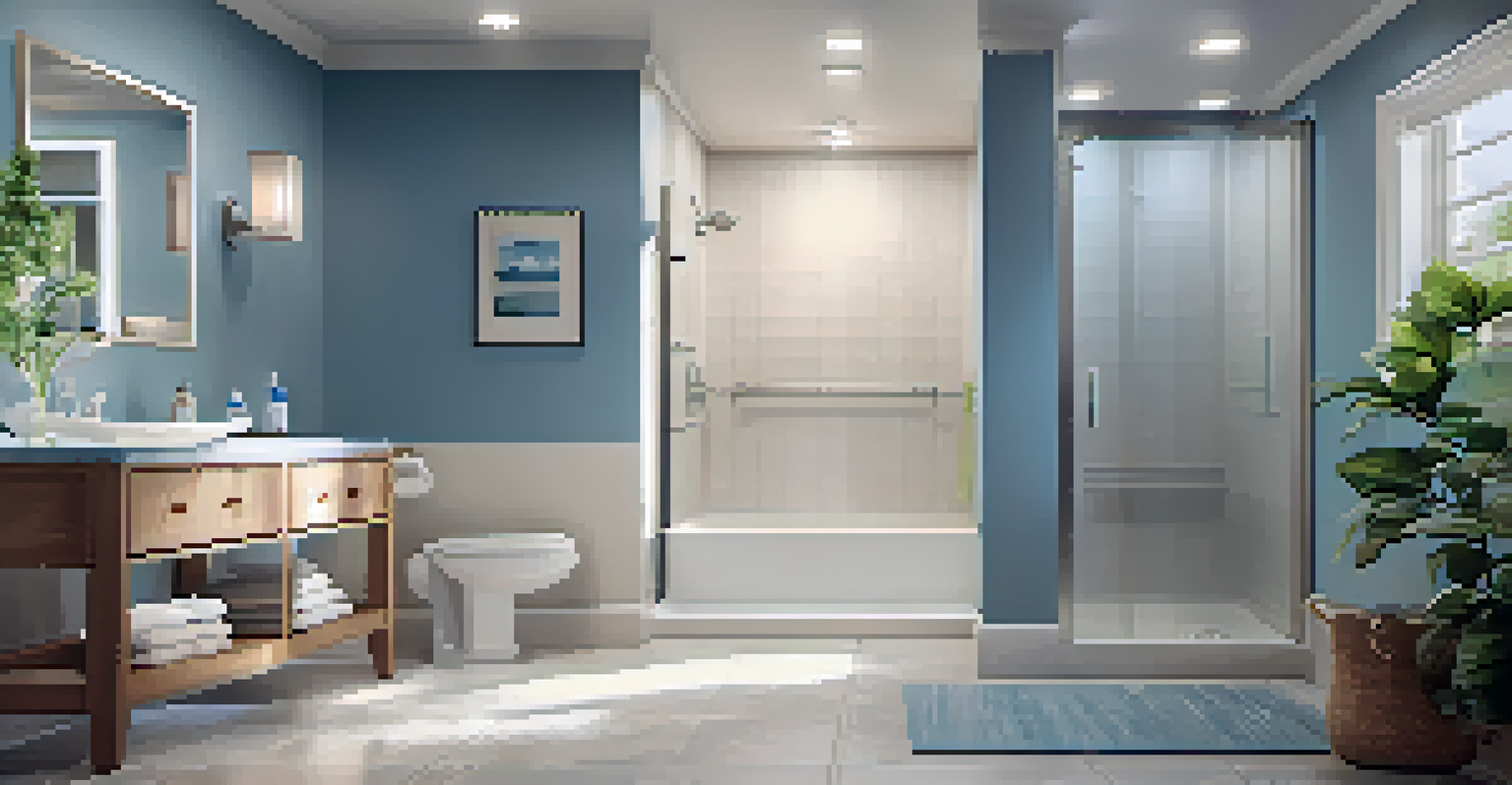 A senior-friendly bathroom designed for safety, showcasing grab bars, non-slip flooring, and a calming color scheme.