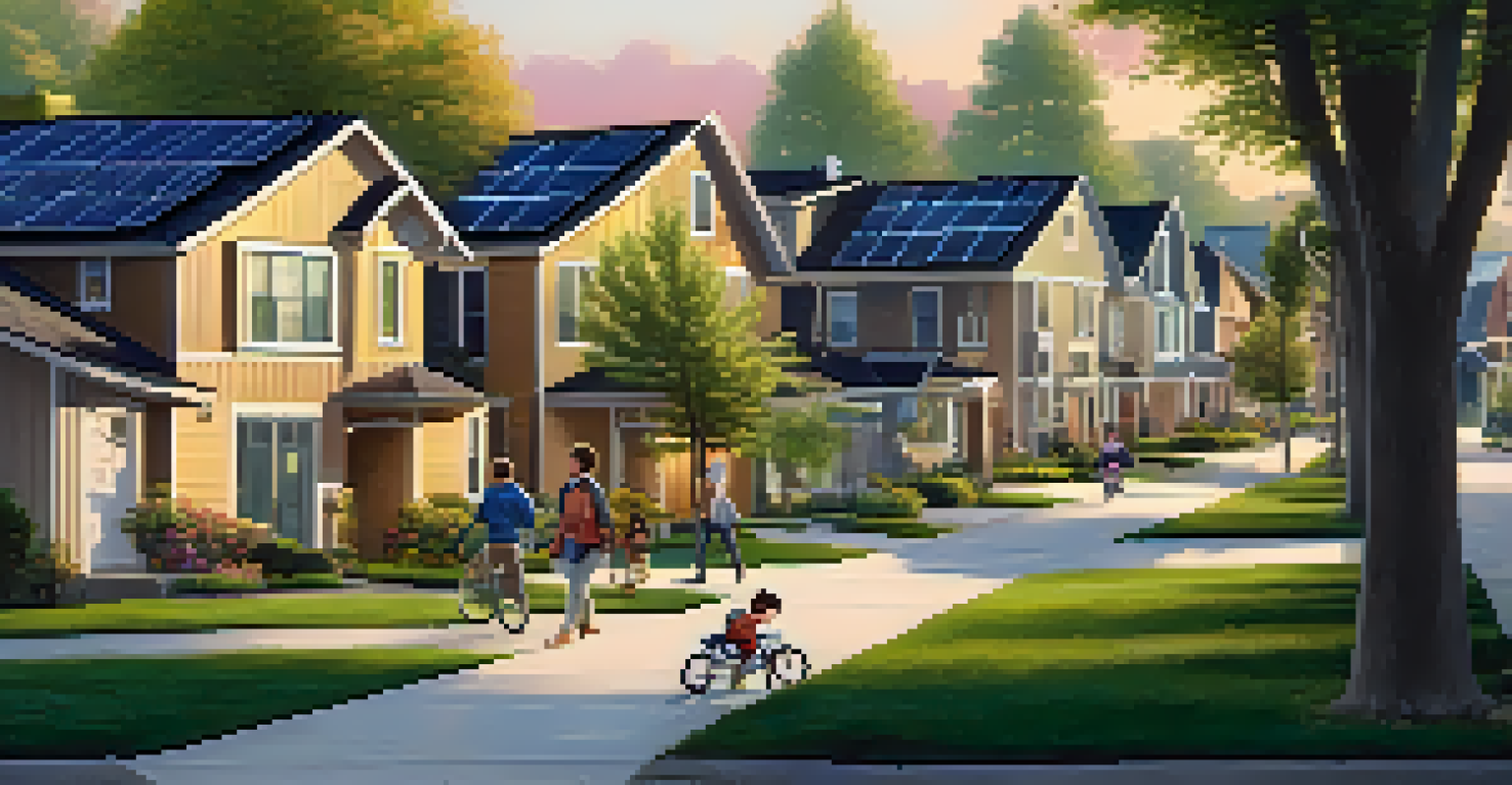 A beautiful suburban neighborhood at sunset with energy-efficient homes and families enjoying the outdoors.