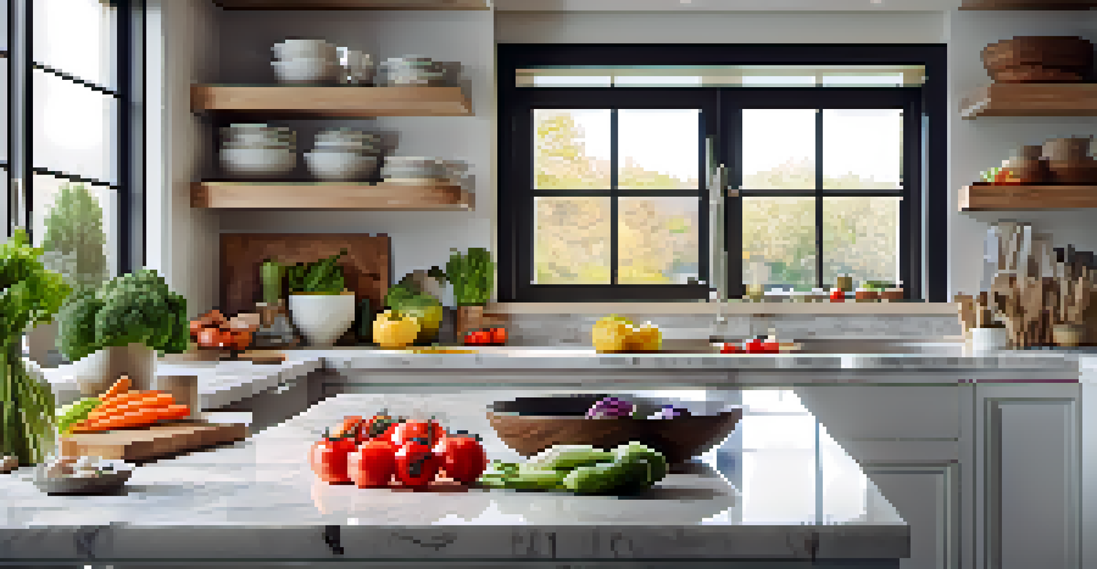 A modern kitchen featuring a marble countertop with fresh vegetables, a cutting board, and a cookbook, all bathed in natural light.