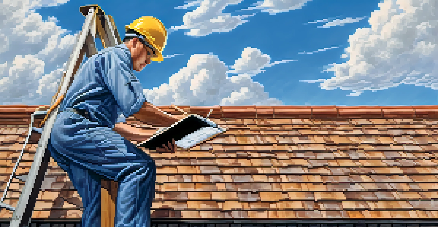 A home inspector on a ladder checking the roof with a clipboard, against a clear blue sky.