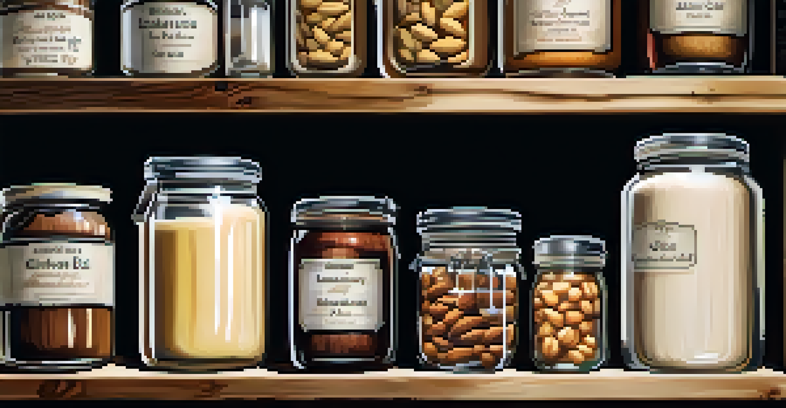 A shelf in a pantry showcasing labeled jars of baking ingredients, arranged neatly against a rustic wooden backdrop, with soft sunlight highlighting the scene.