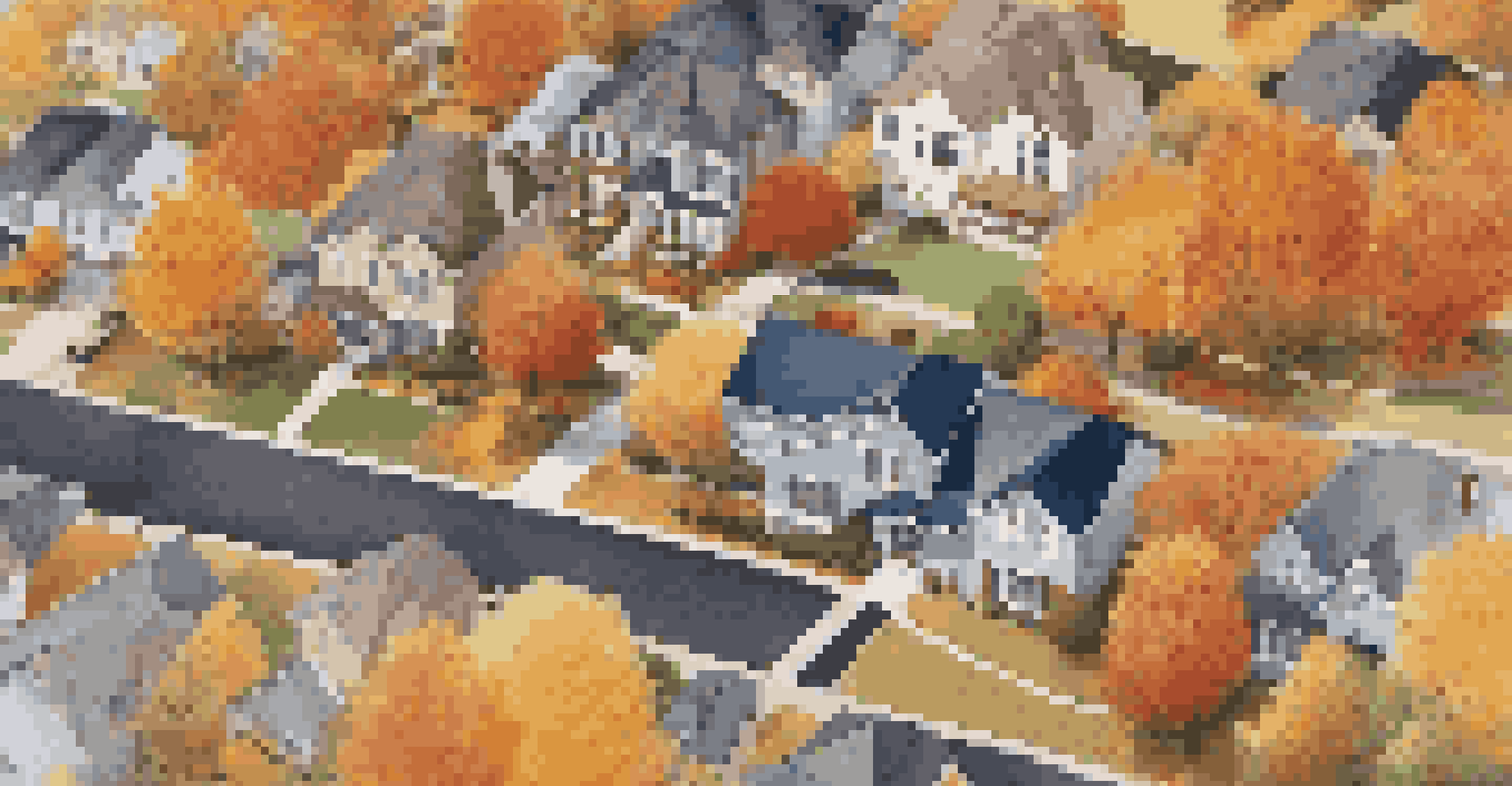 An aerial view of a suburban neighborhood in autumn, with colorful trees and houses.