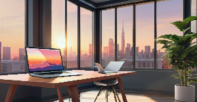 A contemporary office with a wooden desk, laptop, potted plant, and city skyline view during sunset.