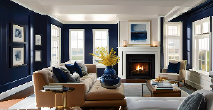 A modern living room with a deep navy painted fireplace, elegant artwork, and candles, illuminated by natural light.
