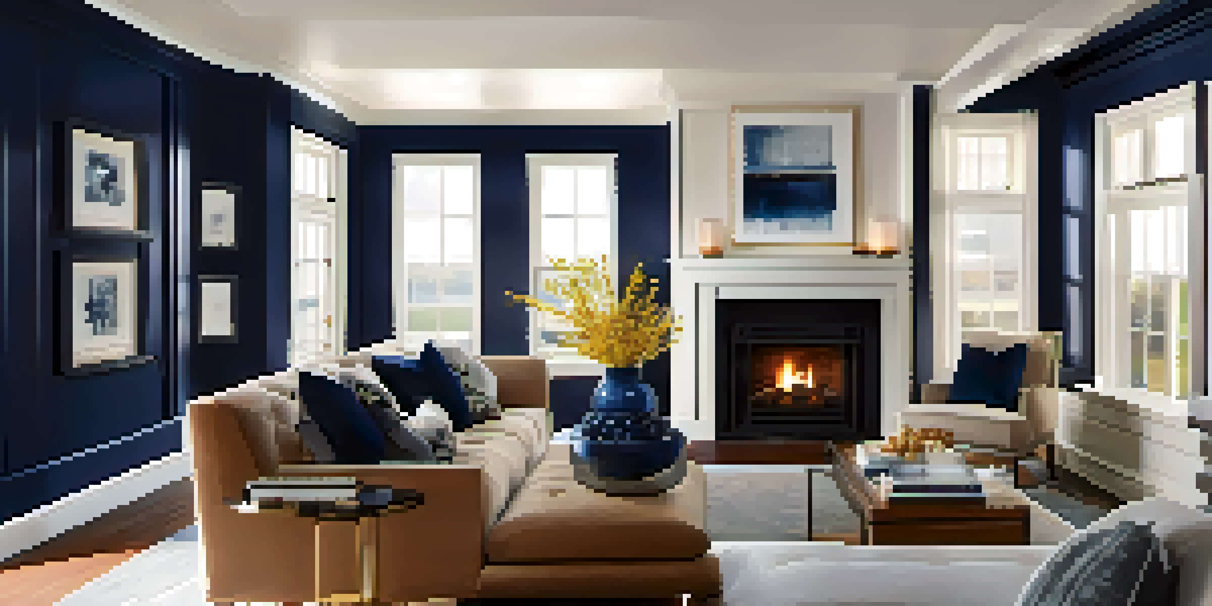 A modern living room with a deep navy painted fireplace, elegant artwork, and candles, illuminated by natural light.