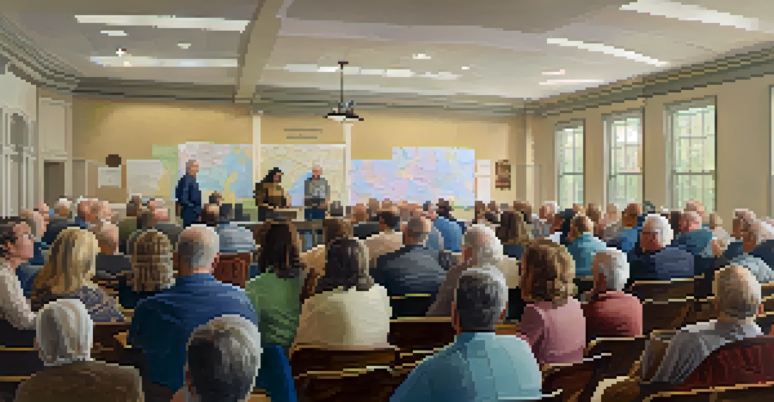 A community meeting in a town hall with homeowners discussing zoning laws, featuring a zoning map and engaged participants.